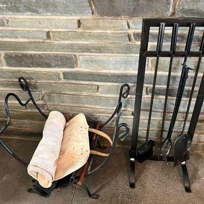 Black Metal Fireplace Tool Set & Log Holder, Carriers