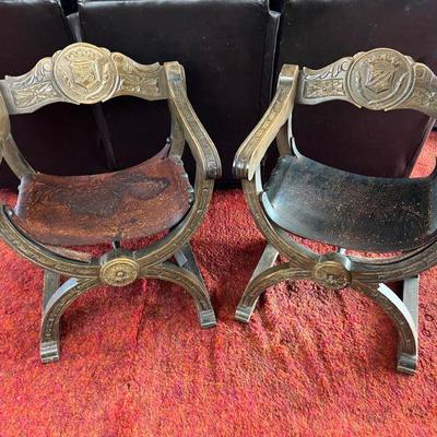 Pair Of Savonarola Style Chairs In Leather & Hardwood