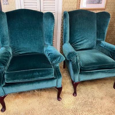 Teal-Green Velveteen Wingback Armchairs