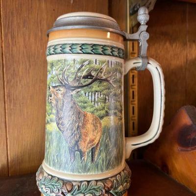 Pewter Lidded Stein With Stag Design