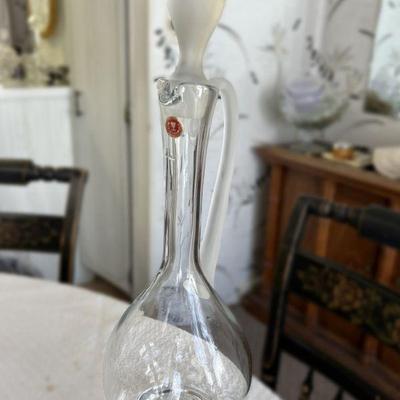 Vintage Romanian Glass Decanter With Frosted Stopper & Handle
