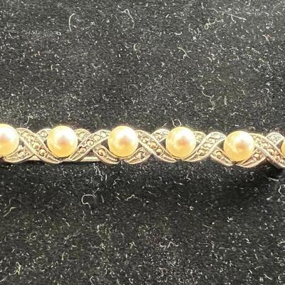 Vintage Sterling & Faux Pearl Bar Pin