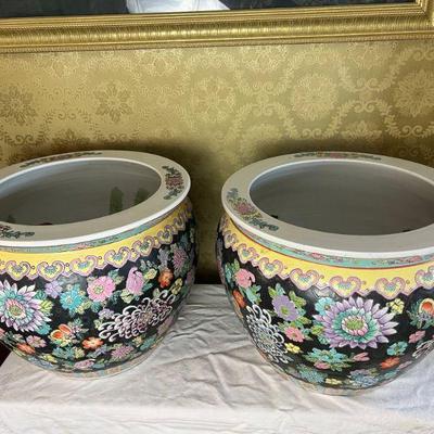 Pair Of Vintage Large Chinese Style Glazed Pottery Fishbowls