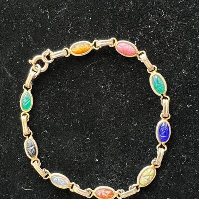 Vintage 12k GF Semi-Precious Gemstone Scarab Bracelet