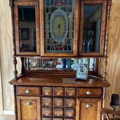 Apothecary custom built hutch and cabinet with stained glass panel 