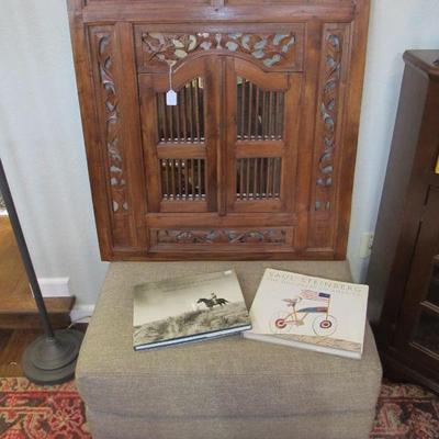 Balinese rustic wooden hand-carved mirror w/ doors. Also a cute and well-made ottoman in perfect condition