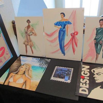 Several vintage hand-painted/drawn art pieces by a local Dallas artist. (Unframed)