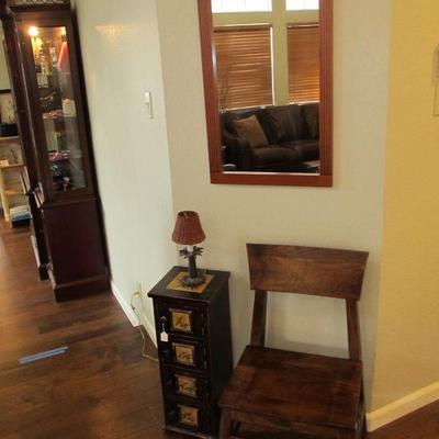 Ethan Allen wall mirror, Rustic modern solid wood chair and cute side table