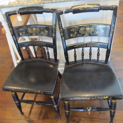 2 Nichols & Stone Hitchcock vintage chairs pair. Black with gold stencil accents