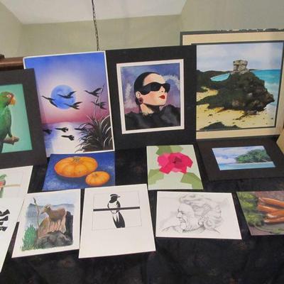 Several vintage hand-painted/drawn art pieces by a local Dallas artist. (Unframed)