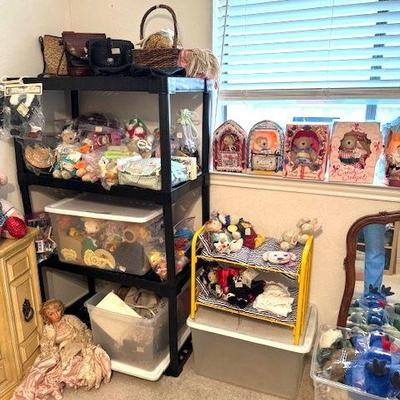 Purses, dolls, doll furniture, doll clothes