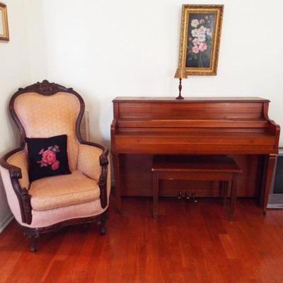 ANTIQUE HORSE AND RIDER ARM CHAIR AND PIANO AND BENCH