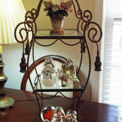 THREE TIER METAL STAND WITH TASSELS AND GLASS SHELVES FILLED WITH MURANO PAPERWEIGHTS
