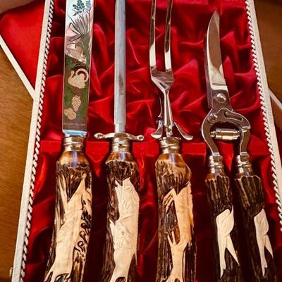 Vintage Anton Winger JR Stag Solingen Germany Cutlery Set Etched Blades 