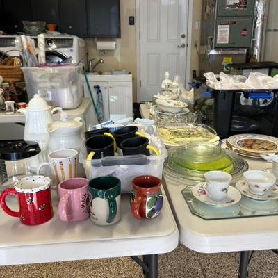 Coffee mugs, wine glasses, crystal stemware, vintage glass platters and bowls, princess house plates