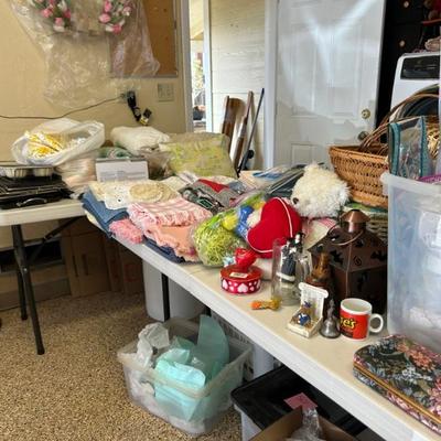 Crocheted throws, embroidered linens, holiday items, craft items