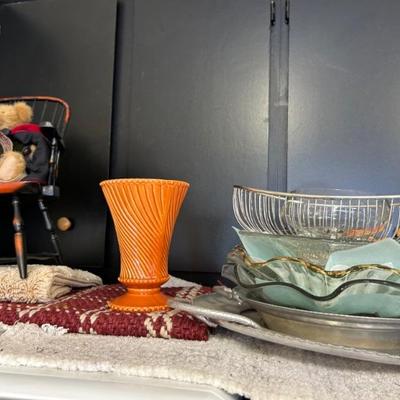 McCoy vase perfect condition and silver plate basket and vintage glass bowls, aluminum serving pieces (1940â€™s or 1950â€™s)
