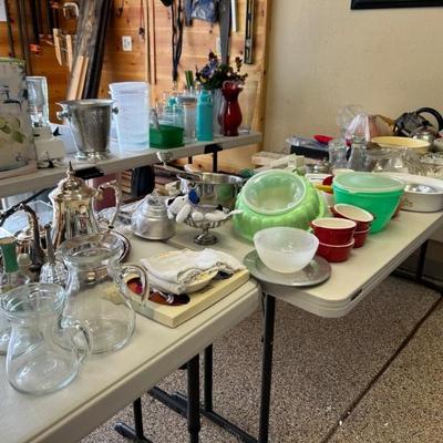 Vintage bowls, Tupperware molds, silver coffee service