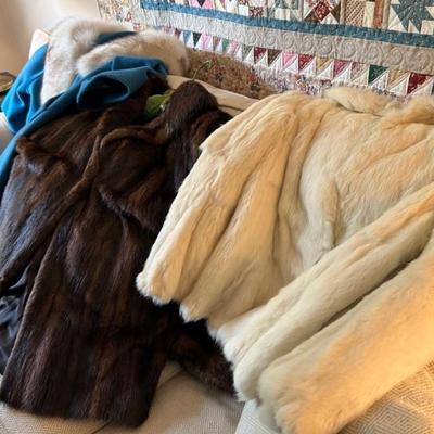 Rabbit fur coat, mink coat, blue wool coat with fur collar