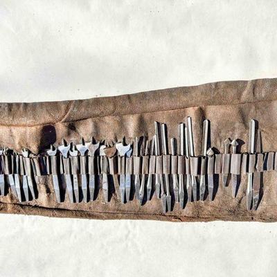 Set of 30 early bits, mostly Sorby, in a leather tool roll