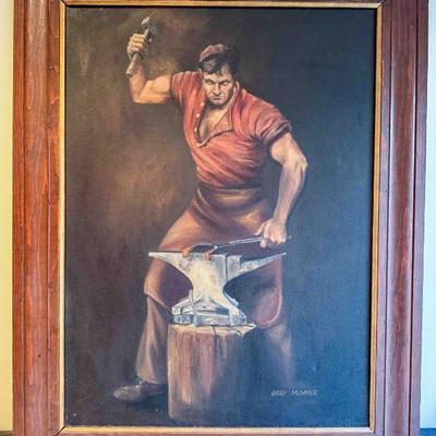 Framed Oil Painting of Blacksmith, belonged to MD. State Senator Norman Stone, Good+