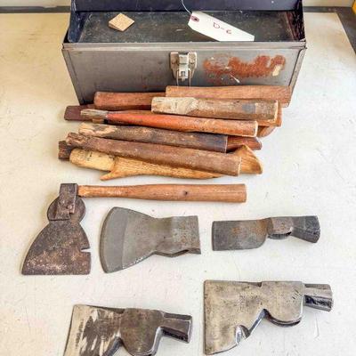 (4) hatchet heads, (1) hatchet, and lot of hatchet handles, in toolbox, Fair/Good