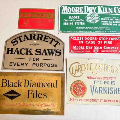 (lot) (6) metal signs, woodworking related, and a (not working) Porter-Cable clock, Very Good