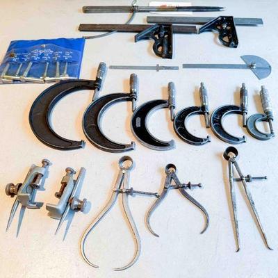 (lot) Machine tools: Trammel Points, Combo. Squares, Rules, Calipers, Protractor, large Dividers, Good