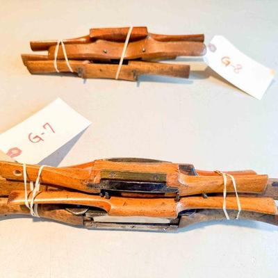(lot) (5) Wooden Spokeshaves, and (1) Wooden Scraper, Fair to Good