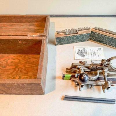 Stanley No. 45 Combination Plane, 2 boxes of cutters, in wooden box, Very Good