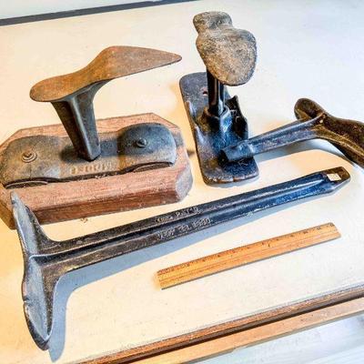 (lot) Cobblersâ€™ tools: 3 forms, 2 bases, and 1 stand, Fair to Good  