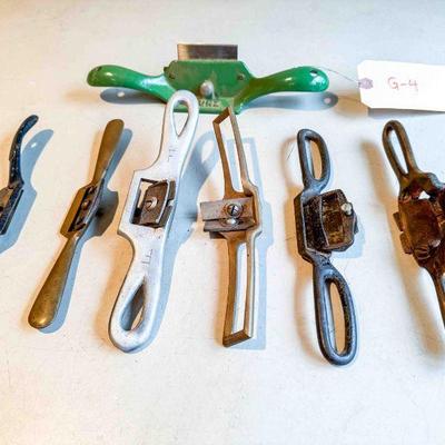 (lot) (6) Metal Spokeshaves, Stanley and other makers, Kunz No. 80 Cabinet Scraper, Good+