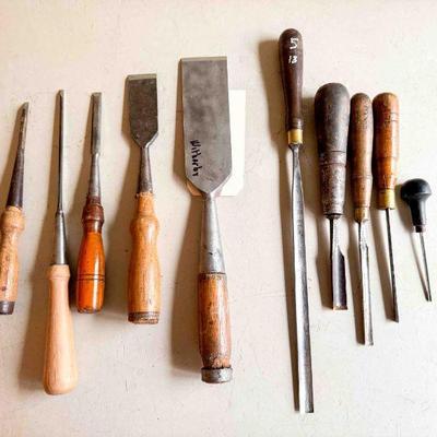 lot of (5) chisels of various styles and makers, and (5) gouges of various styles and makers, Fair to Good