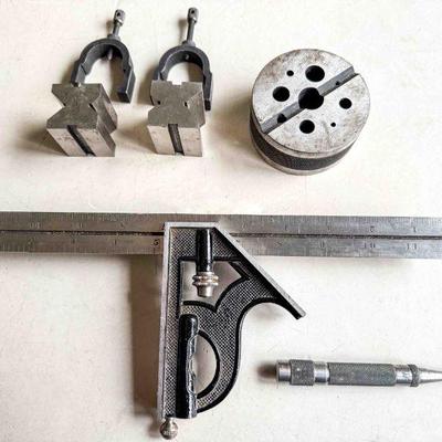 (lot) Starrett: 12â€ combination square, 18A auto. Punch, (2) #278 v-blocks, #129 bench block, V Good