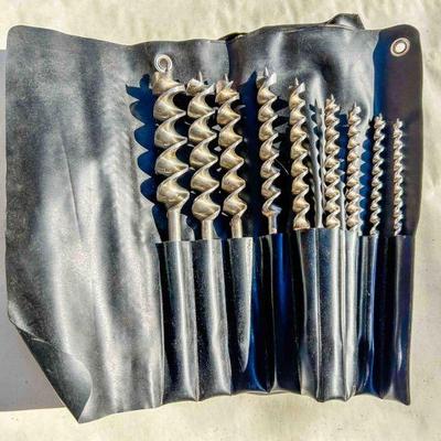 Set of 9 Russell Jennings auger bits with Stanley rectangular logo.  In original tool roll