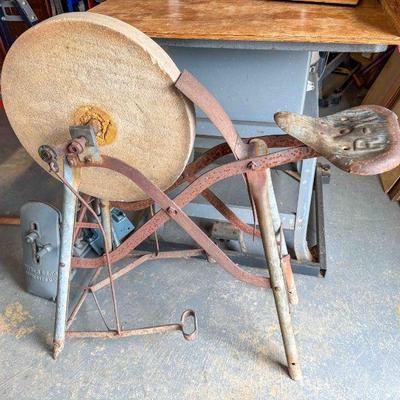 R-W Pedal Power 17 Â½â€ diameter by 2â€ wide sandstone grinding wheel, Fair to Good