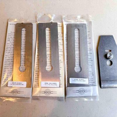 (lot) (2) New Hock 2â€ Plane Blades, A-2, and HC steel, (1) New Hock1 3/4â€ A-2 cryo, & used chip braker