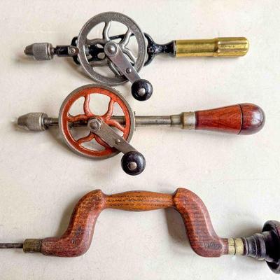(lot) Goodell-Pratt No. 49 and No. 52 Drills, both Excellent, and small unmarked wood brace, Good