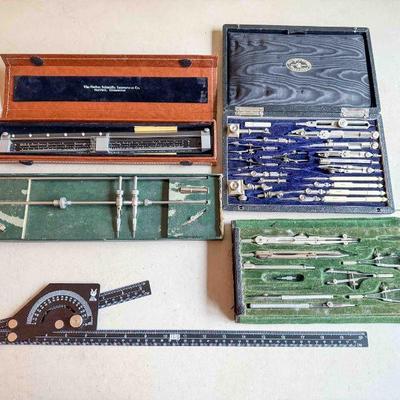 (lot) Drafting equipment: Drafting Sets, Protractor, Gerber Scale, K&E compass, etc. Good
