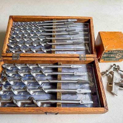 James Swan 13-piece Brace Bit set in wood case, and Stanley No. 49 bit Gauge w/box, Excellent
