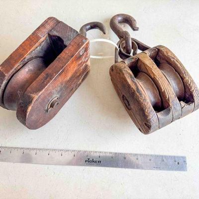 (lot) Pullies with wooden wheels, both approx. 5â€x8â€, Fair/Good
