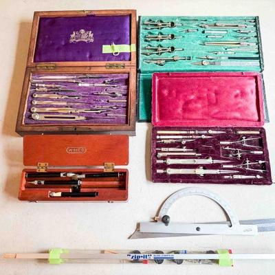 (lot) Drafting equipment: Drafting Sets, Protractor, Ink Pens, Compass, etc. Good