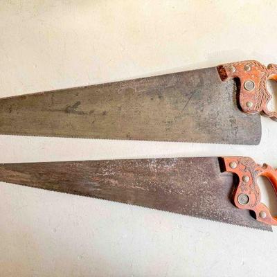 (lot) Disston No. 12 x-cut saw 10 point, top horn broken, and Atkins No. 65 x-cut 8 point, Good