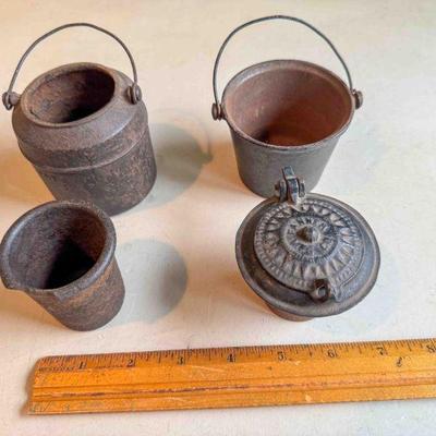Small cast iron Glue Pots, one marked Fanner MFG., and one unmarked, Fair/Good