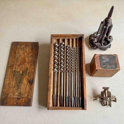 James Swan 6-piece Bit set in wood case, Stanley No. 49 bit gauge, and dowel cutter, Excellent
