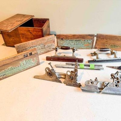 Stanley No. 55 Combination Plane, 4 boxes of cutters, in Stanley wood box, Very Good