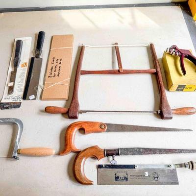 (lot) 12â€ bow saw, (2) flush-cut saws, (2) old keyhole saws, Abel 130 Jewelers saw, Bridge City Japanese saw blades, Stanley No. 42ss...