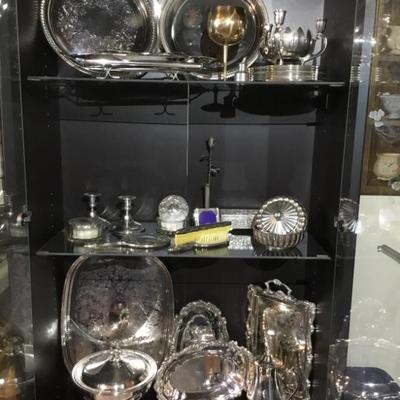 Sterling silver, silver plated and pewter pieces, including serving ware, Tea Set, jewelry boxes, trivets, and more