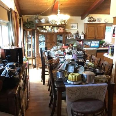 4-seater pub-style dining room table set; 6-seater traditional, solid oak dining table set with matching China Hutch and side cabinet;...