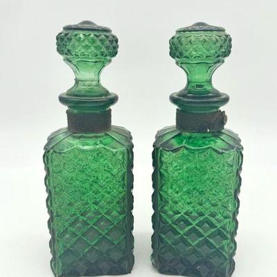(2) Green Diamond Cut Decanters
